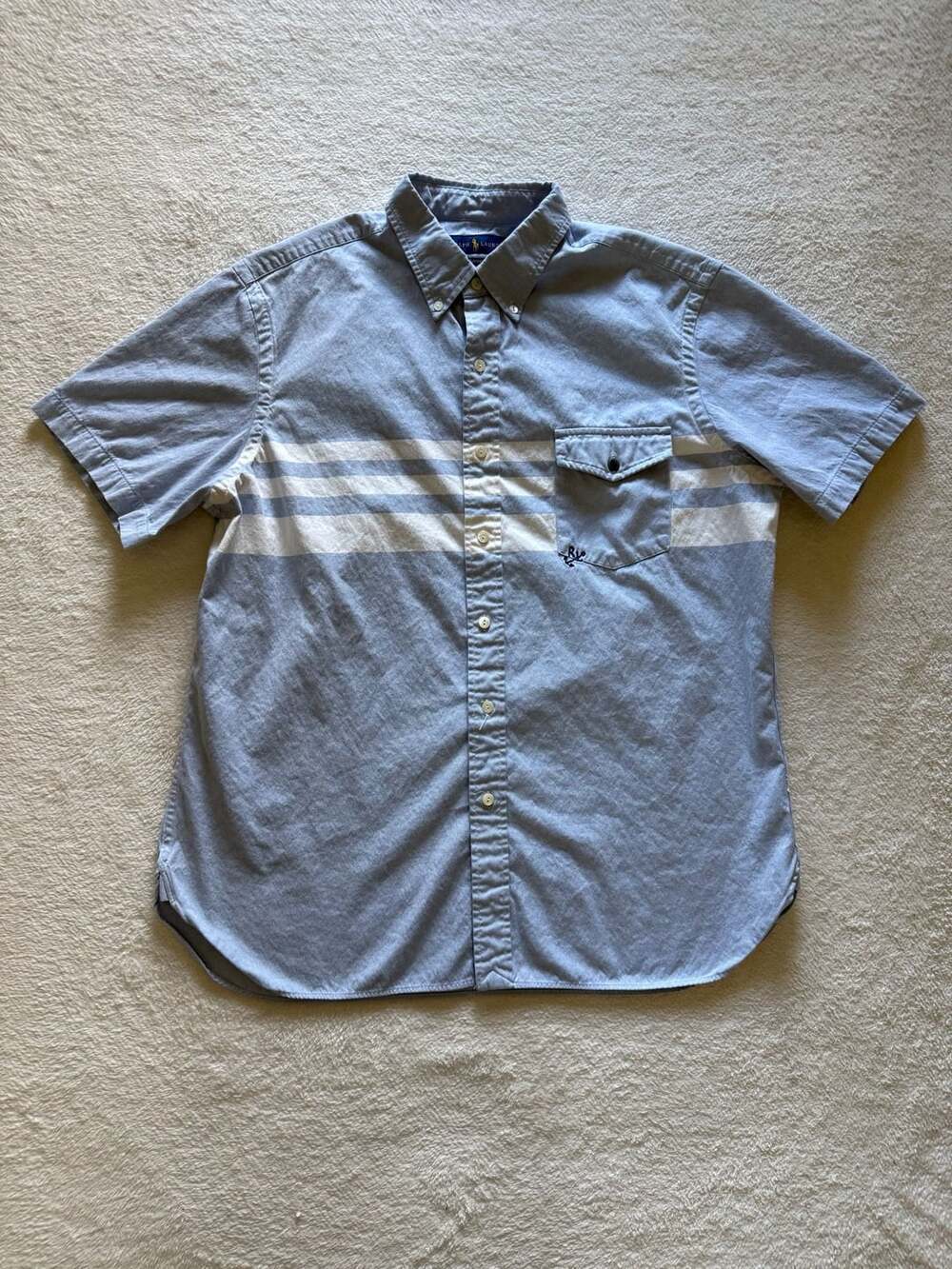 Polo Ralph Lauren Classic Blue Oxford Short Sleeve Striped Button Down Shirt XL